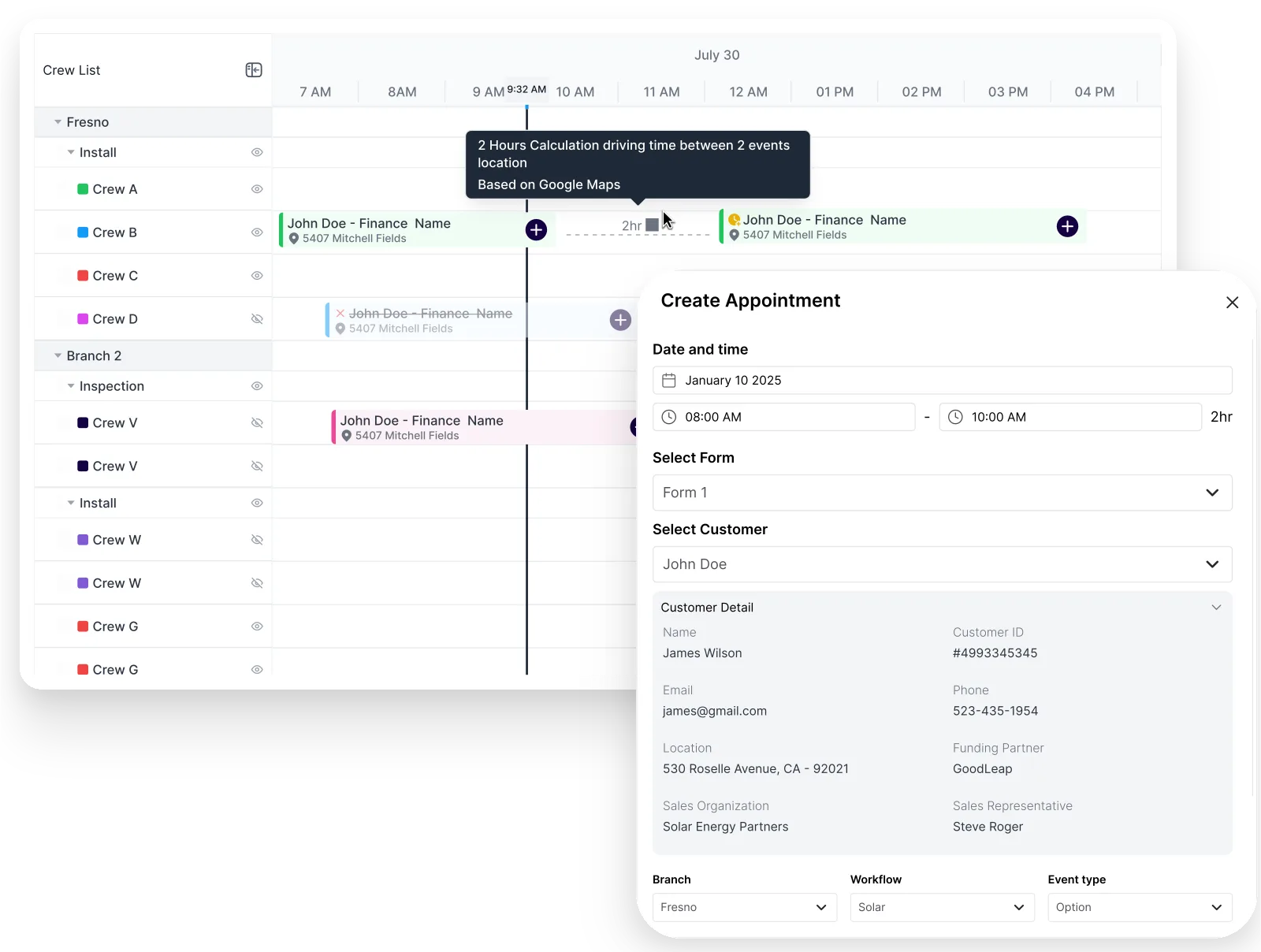 Crew scheduling calendar with appointments and drive-time tracking